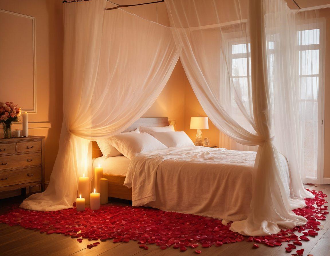 A serene and inviting bedroom scene, softly lit with warm colors, featuring a cozy bed adorned with luxurious satin sheets. Delicate candles and rose petals scatter the floor, while a playful silhouette of a couple embracing is seen through a sheer curtain, evoking a sense of intimacy and joy. The atmosphere is infused with a dreamlike quality, inviting feelings of bliss and pleasure. super-realistic. warm tones. romantic ambiance.